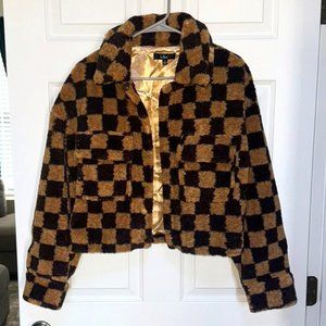 On My Checklist Tan and Brown Checkered Cropped Teddy Jacket BRAND NEW W…